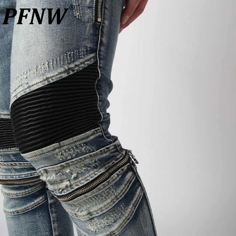 PFNW Spring New American High Street Tide Distressed Washed Splicing PU Leather Folds Zipper Slim Fit Elastic Jeans Male 12C2158