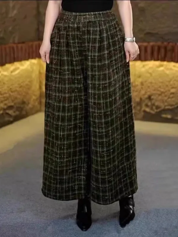 

Широкие брюки с высокой талией, шерстяные повседневные свободные брюки в клетку в стиле ретро, женские осенне-зимние модные брюки больших размеров