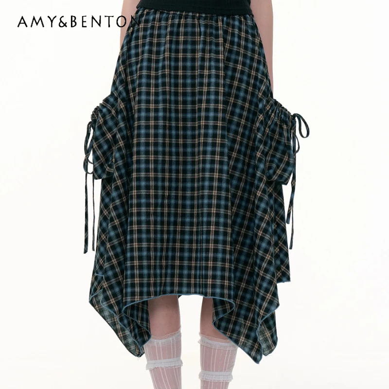 

American Retro Design Blue Plaid High Waist Women's Skirt 2025 Autumn New Slimming Irregular Loose Versatile Midi Skirts Ladies