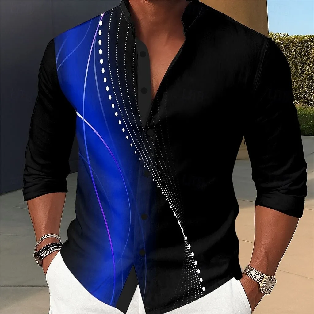 Geometric Lines Pattern Men's Long Sleeve  Shirt Gradient Color Button Autumn New Casual Fashion 3D Printed Flap Collar Shirt