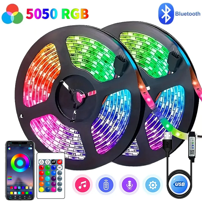 شريط إضاءة LED USB لتزيين الغرفة ، RGB ، تحكم بتطبيق البلوتوث ، شريط مرن ، شريط مصباح دايود ، إضاءة ، 1-30 م