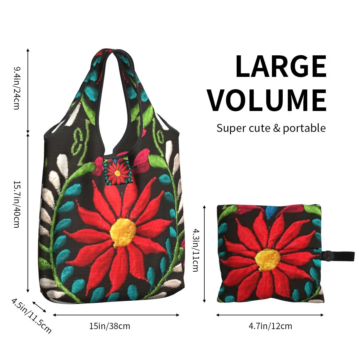 Mexican Spanish Flowers Grocery Tote Shopping Bag Women Fashion Traditional Textile Flowers Shopper Shoulder Bag Handbag