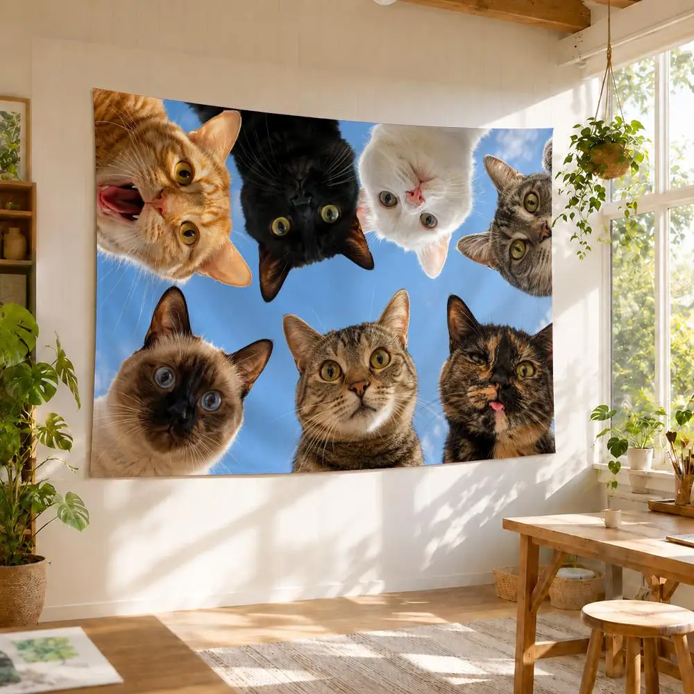 Kittens Funny Selfie Tapestry Durable Soft Microfiber Horizontal Wall Hanging Decor For Bedroom Patio Garden Parties
