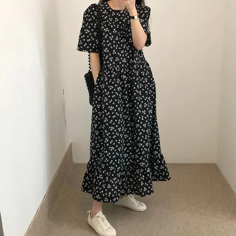 

New Women Daily Baggy Floral Vestidos Lady Retro Versatile Holiday Long Dress Female Soft Leisure Work Black Female Dress
