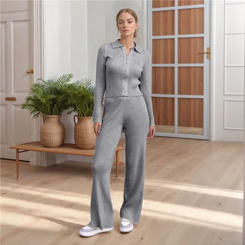 CYL-Women ツーピース ラウンジウェア 上下セット ワイドレッグ スウェットパンツ ハーフジップ 長袖 Vネック スウェットシャツ