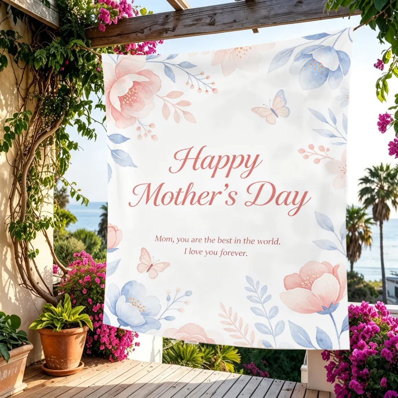 Happy Mother's Day Pink Blue Flower Tapestry, Watercolor Rose Heart Balloon Polyester Wall Hanging, Party Decoration