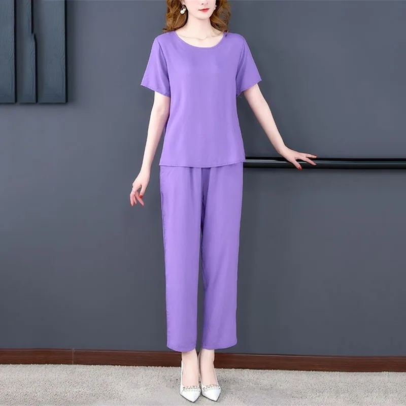 Ensemble deux pièces en coton trempé pour femme, manches courtes, col rond, pantalon court, loisirs, été, mode, nouveau, 2025