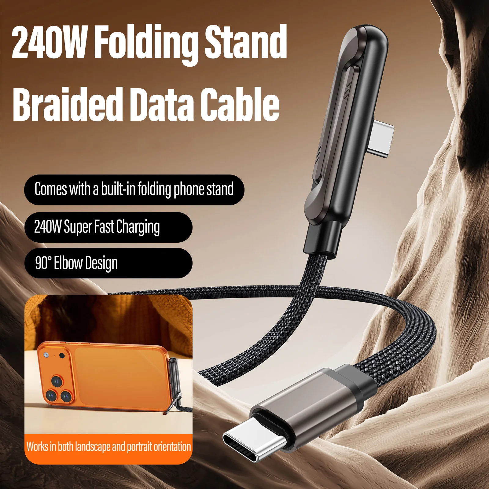 240W Fast Charging Data Cable Cord with Foldable Phone Holder Bracket Type C Charger Charging Cable for iPhone/Android/Tablet