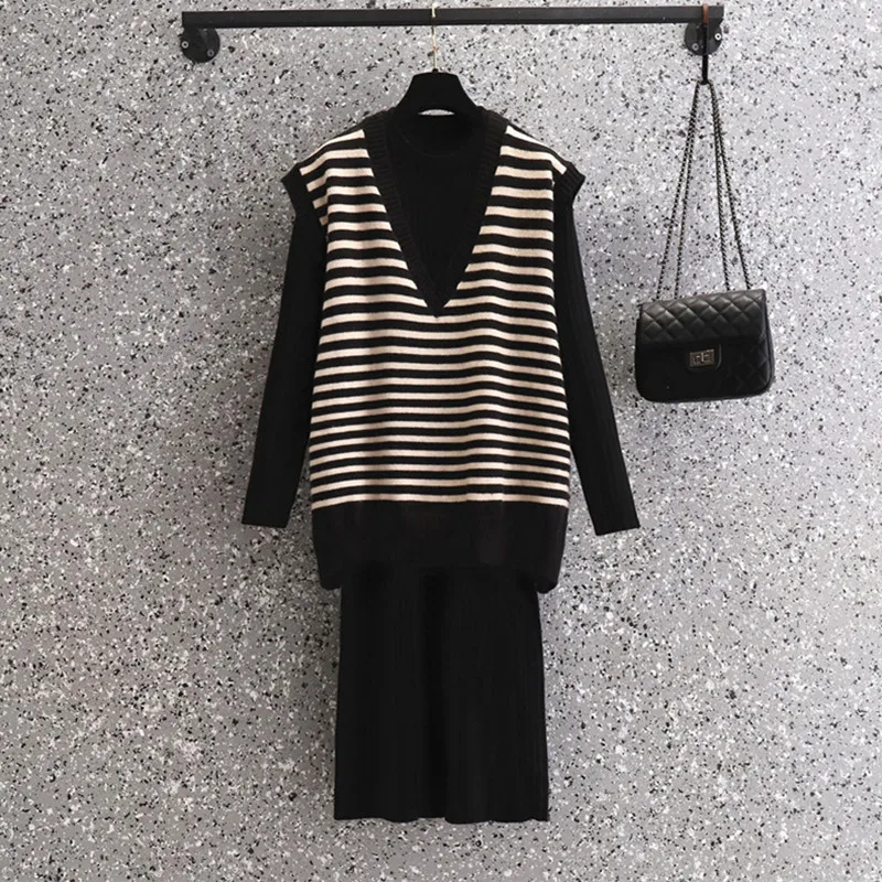 Women Basics Long Sleeve Loose Dress Elegant Knit Striped Vest Chic Two-piece Sets Office Lady Autumn Winter Plus Size Clothing