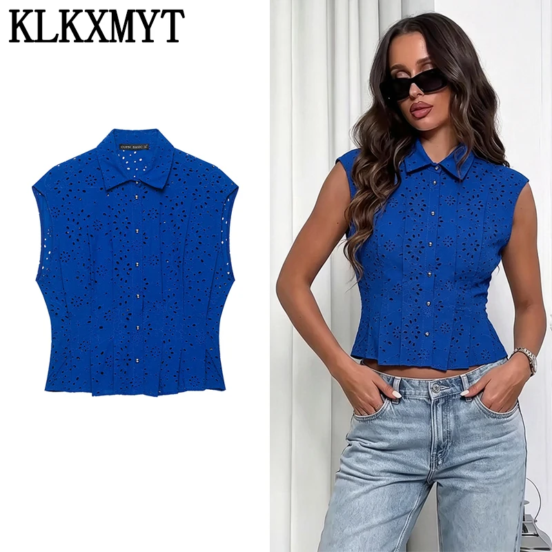 Chemisier Chic Brodé Évidé pour Femme KLKXMYT, Blouse Courte Boutonnée, Mode Été 2026, Hauts Sans Manches pour Femme