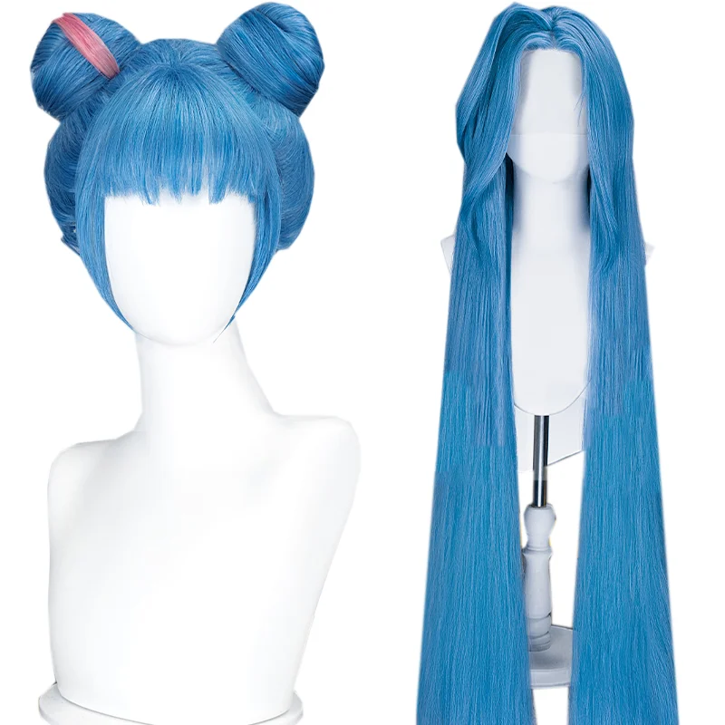 Arcane Jinx Cosplay Powder Cosplay Wig Bun Wig 120cm/150cm Drape Lace Wig Blue Long Hair For Halloween Party Role Play Suit