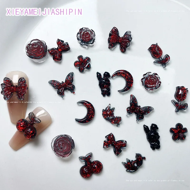 50pcs Vampire Nails Accessories Mixed Resin Ribbon Bow Camellia Tulip Heart Nail Art Charms Decorations Supplies Parts DIY Jewel