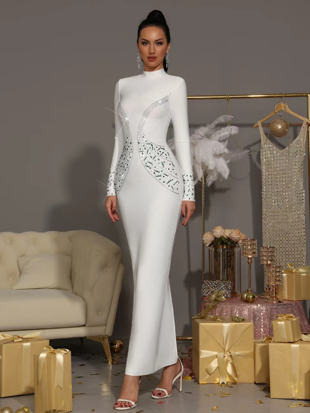 Modphy Elegant Women Diamond Celebrity Evening Bandage Maxi Dress White Long Sleeved Sexy Luxury Bodycon Cocktail Party Gown