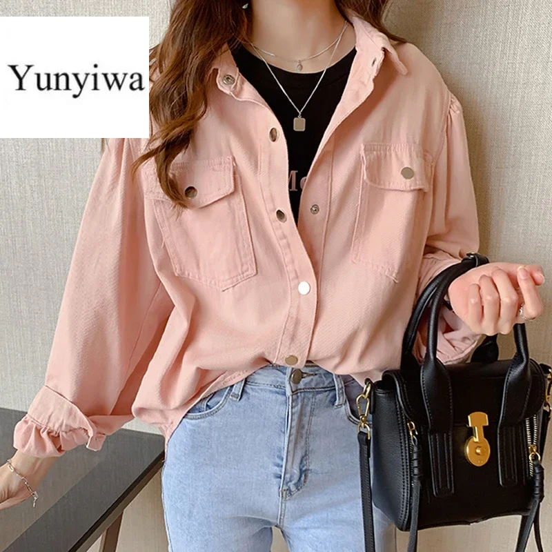 Spring New Women Vintage Pockets Denim Shirt Jacket Autumn Lady Full Sleeve Outwear Loose Casual Wear Stylish Girl Tops T0N321T