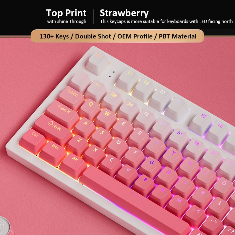

130-клавишные градиентные розовые колпачки для клавиш Double Shot PBT, OEM-профиль, колпачки для клавиш с RGB-подсветкой для переключателей Gateron Cherry MX, механическая клавиатура
