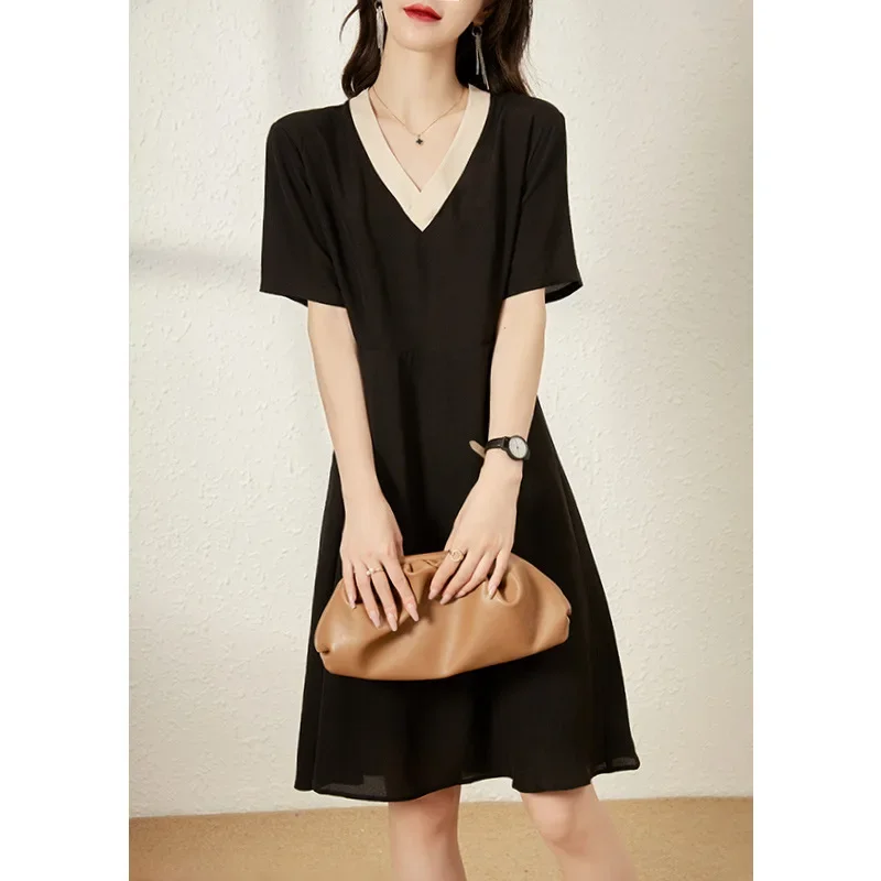 

Silk Black Dress Summer New Women's V-Neck Temperament Mid-length Dress Clothes for Women Mulberry Silk Midi Dress Robe Femmes