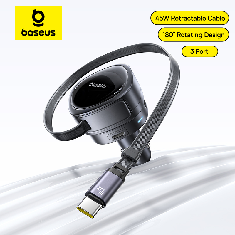 Baseus 60W Car Charger 45W Retractable Cable 3 Ports Fast Charging 180° Rotating Car Phone Charger For Laptop iPhone Samsung
