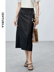 SENTUBILA Women Chinese Bamboo Jacquard Skirt 2024 Summer Elegant Black Straight Midi Satin Skirts Female Clothes 142Q55376