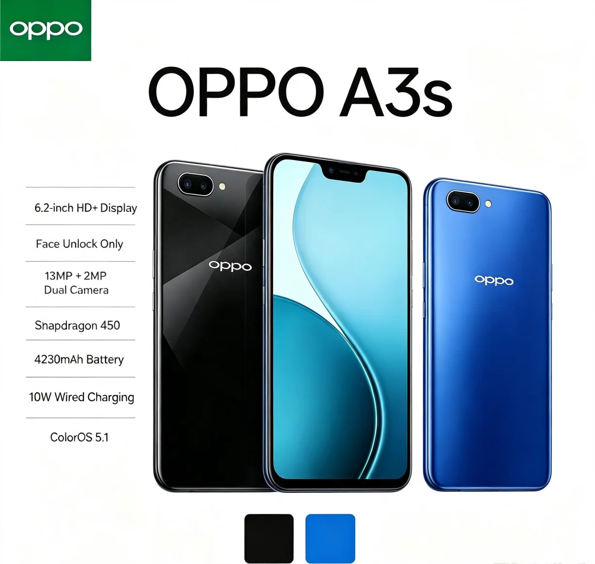 Latest 2026 OPPO A3s Updated Version 5G Cellphone 8GB RAM 256GB ROM Dual SIM Card 6.2 Inch HD+ Display Helio P35 Chipset AI Dual