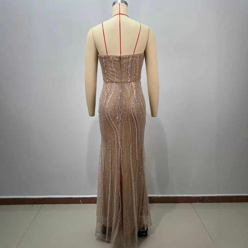 New Arrival Women's Apricot Heavy Beaded High Waist Slim Fit Bodycon Sequin Middle Eastern Evening Dress