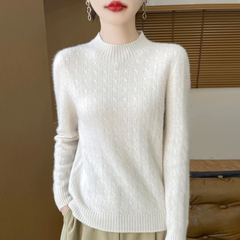 Women Winter Sweater 100% Merino Wool Thick Warm O-Neck Pullover Twist Flower Cashmere Knitwear Casual Korean Popular Clothes