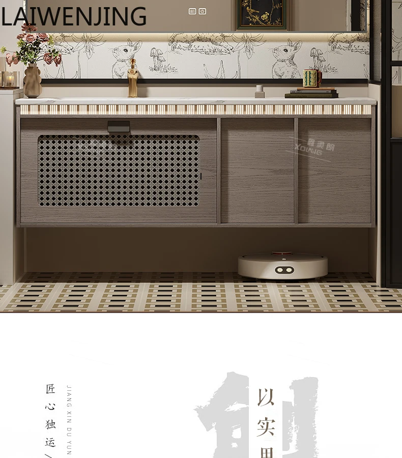 

HLZ medieval style solid wood bathroom cabinet combination rock slab hot bending integrated basin retro bathroom washbasin