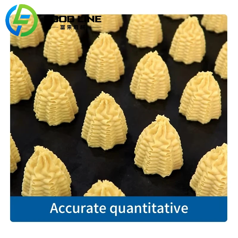 새로운 자동 쿠키 프레스 기계로 제과점에서 밀가루와 우유로 맛있는 간식을 만들 수 있습니다.