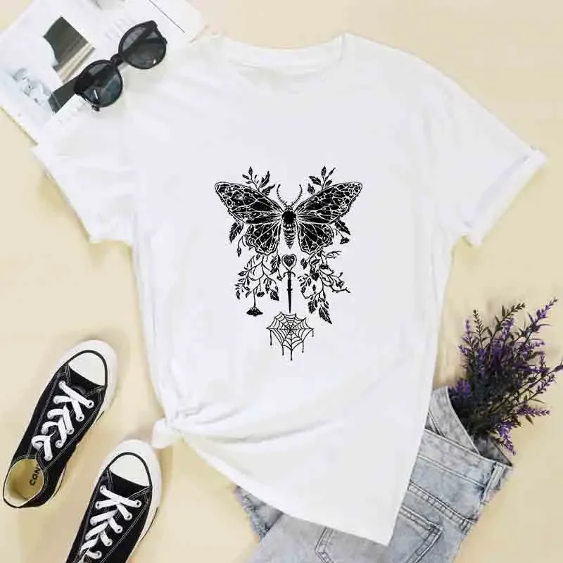 2026 Pentagram Moth and Spider Web T-shirt, Cute Yet Eerie Y2K Pastel Gothic Style, Pastoral Dark Preppy Style Alternative Punk Style