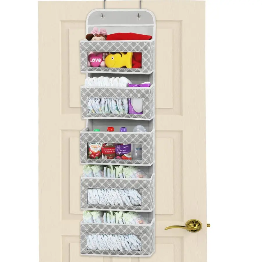 

5 Clear Window Pocket Over Closet Door Storage Hanging Organizer for Bedroom, Bathroom, Pantry, Geometric Gray