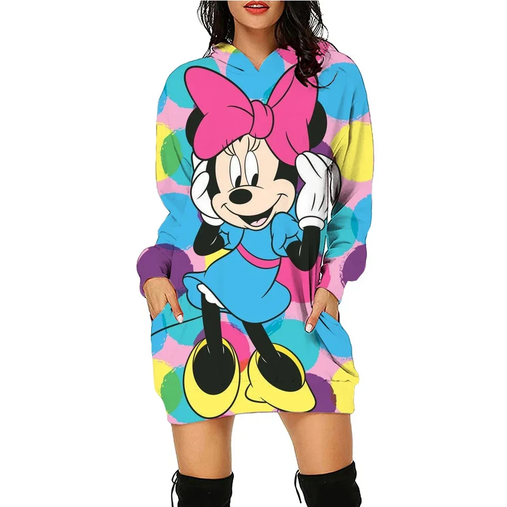 Disney Minnie Mouse Women Hoodies Dress Adult Casual Long Sleeve Pullover Dresses Anime Cute Printed Clothing New Hooded Clothes