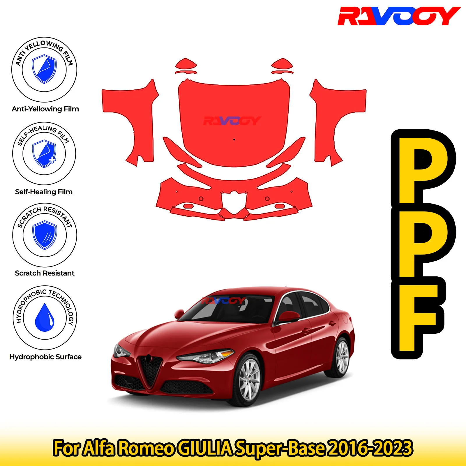 

Для Alfa Romeo GIULIA Super-Base 2016-2023, глянцевая матовая черная предварительно вырезанная передняя защитная пленка PPF, комплект