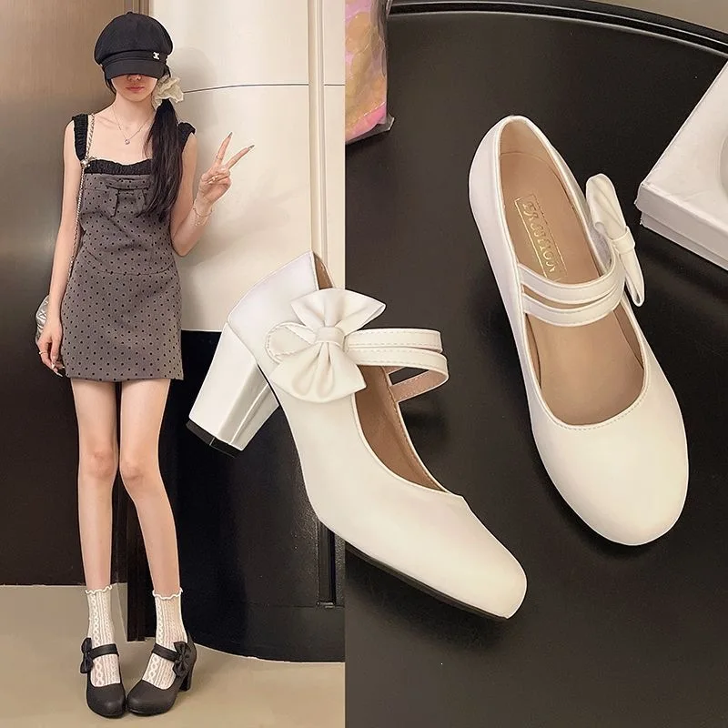 Sweet Bow Block Low Heels Lolita Mary Jane Shoes Wide Fitting Pumps Dance Wedding Women's Shoes Girl Big Size Zapatos Tacon
