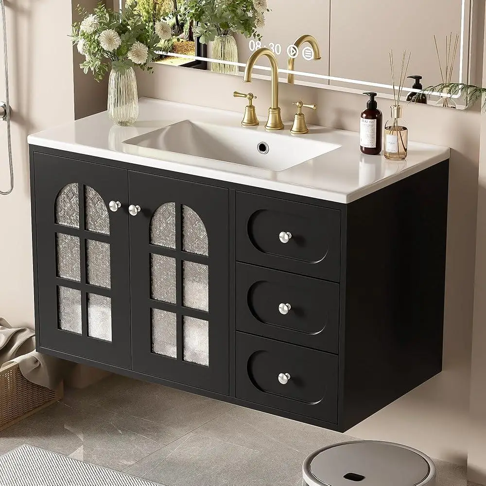 

French Country Bathroom Vanity Cabinet with Sink Wall Mounted Floating Storage Organizer Bathroom Furniture with Glass Panel