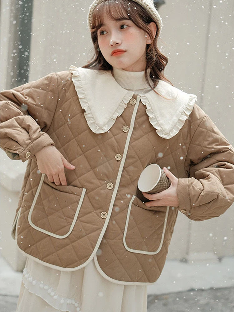 Sweet Down Coats Women Japanese Kawaii Cute Peter Pan Collar Cotton Jackets Autumn Winter Loose Casual Lightweight Outerwear