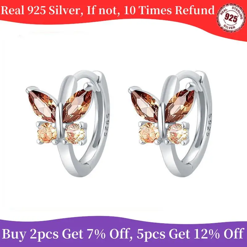 100% Real 925 Sterling Silver Brown Butterfly Earrings Zircon Jewelry Sparkling Original Ear Studs for Women Jewelry Gifts