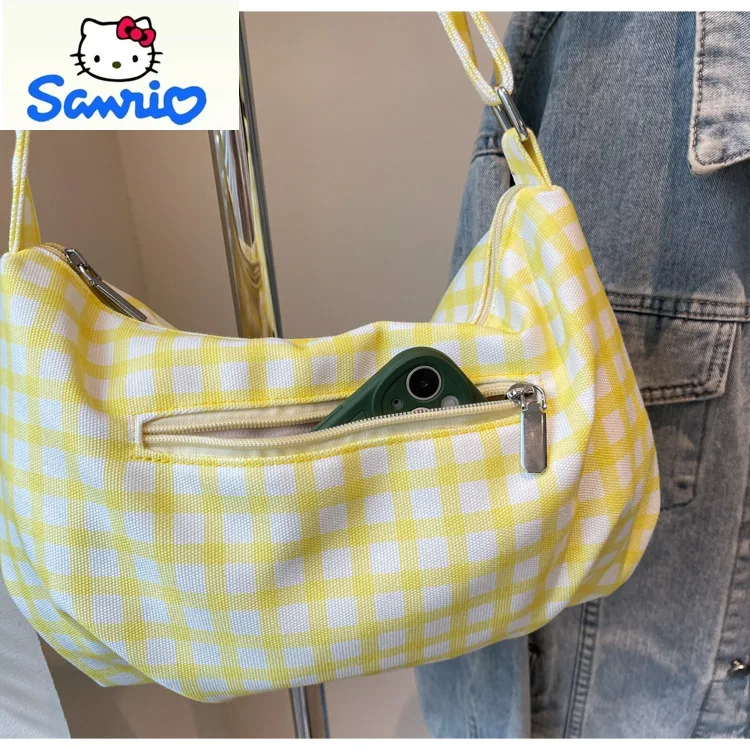 Sanrio Large Capacity Fresh Checkered Cartoon Hello Kitty Crossbody Bag for Women's Casual Versatile Handheld Travel Bag