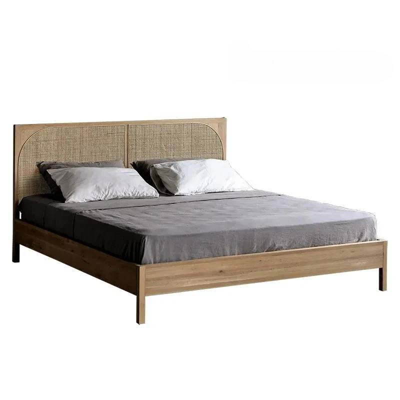 

Nordic solid wood rattan bed simple modern Japanese double wabi sabi wind master bedroom homestay home rattan art bed