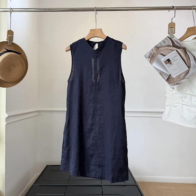 

Nordic Style Linen Sleeveless Vest Dress Comfortable Breathable Skin-friendly A-line Back-tied Summer Casual Gown for Women