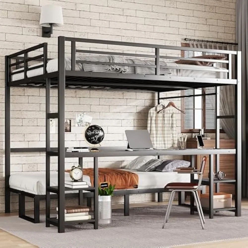 Bellemave Futon bunk Bed Twin XL Over Queen، سرير علوي كوين مع فوتون ومكتب وأرفف، سرير علوي مع Des Kand LED وUSB،
