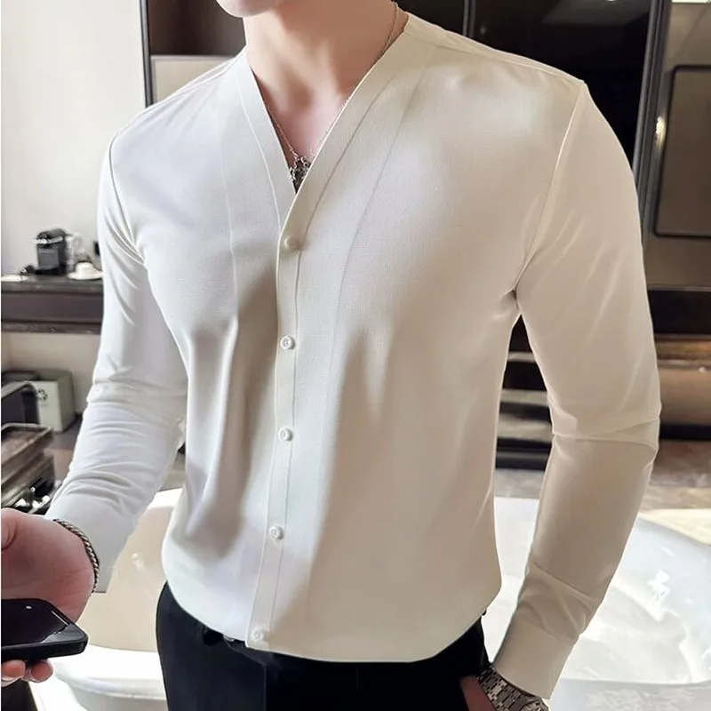 Luxury Waffle V-neck Shirt for Men\'s Korean Fashion Long Sleeves Slim Fit Business No Traces Social Party Shirts Tuxedo