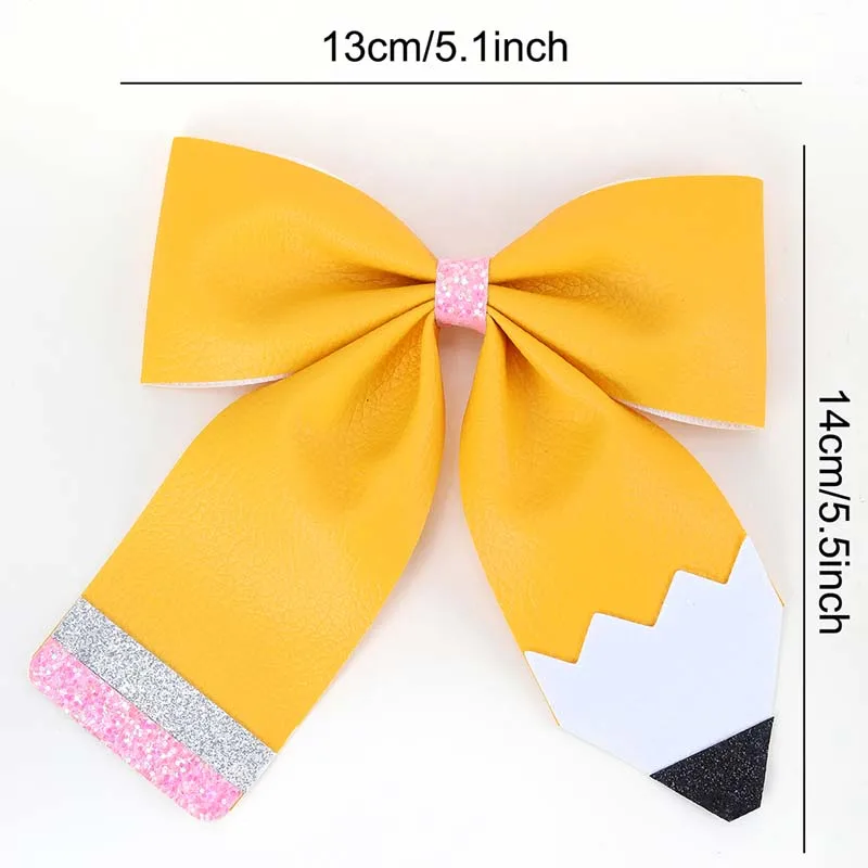 ncmama Back To School Yellow Leather Pencil Hair Clip for Women Sweet Girls Solid Bow Hairpin Party Headwear Hair Accessories