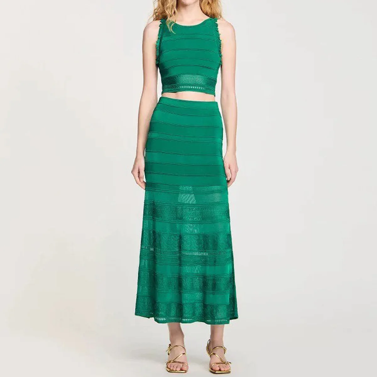 op maat Hoge kwaliteit op voorraad mouwloze dames korte gebreide top + halflange rok met halve body