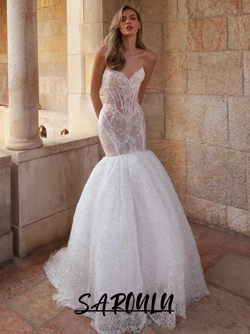 Delicate Dazzling Lace Wedding Dress Princess Mermaid V Neck Luxury Customized Bridal Gown Romantic Sleeveless Bride Wear