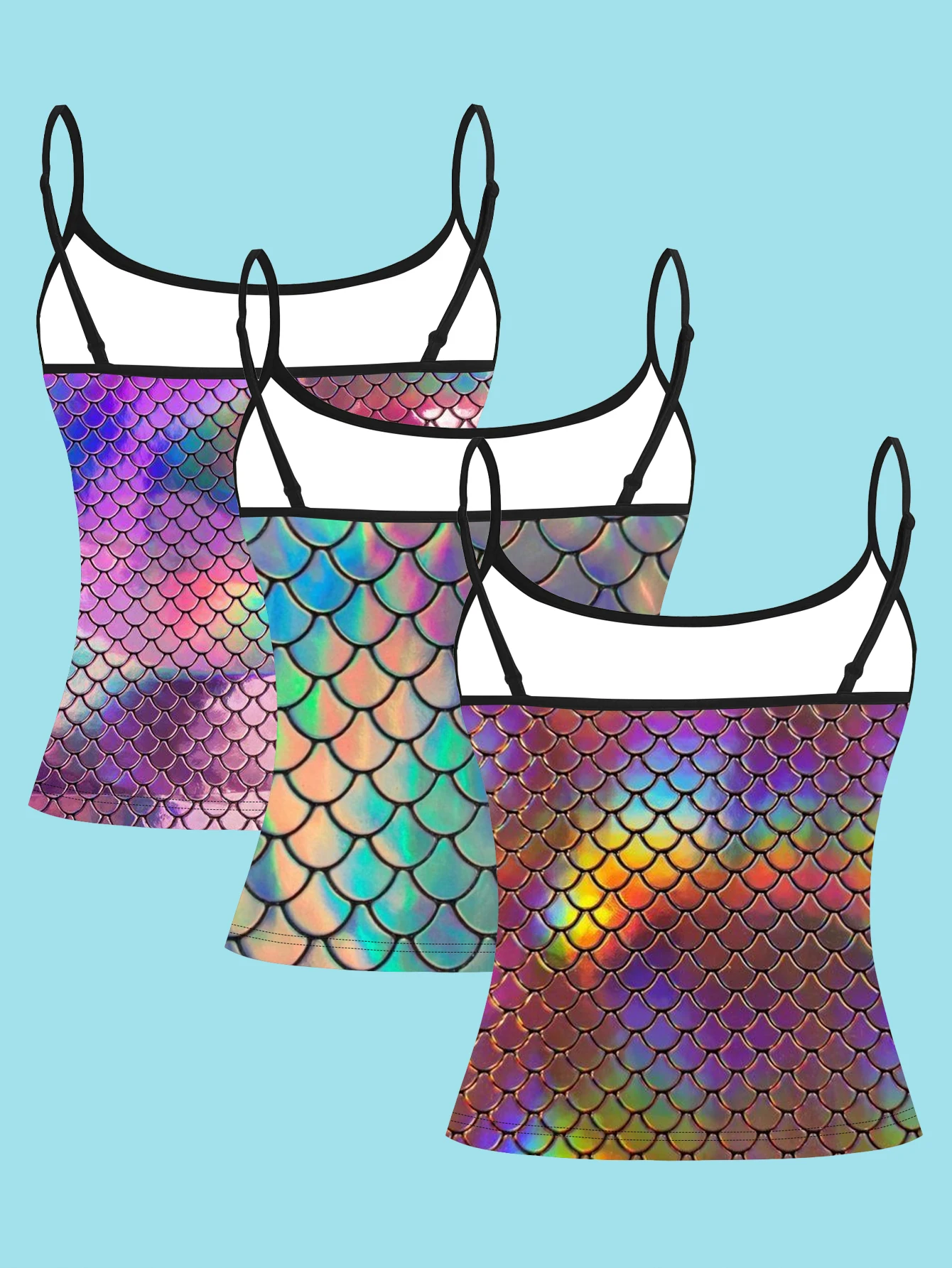 3-Pack Holographic Laser Mermaid Scale Print Thin Camisole, Iridescent Gradient Fish Scale Pattern Slim-Fit Sleeveless Top, Y2K Versatile Base Layer for Layering or Wearing Alone