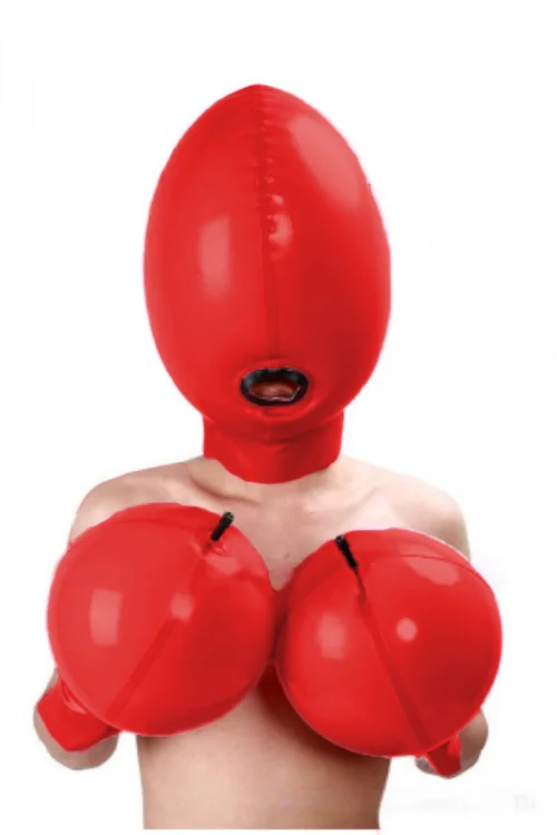 Latex rubber Gummi tight fitting suit, red gloves, inflatable mask, 0.4mm S-XXL-