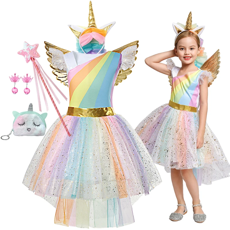 Cosplay For 3-10 Years Girls Unicorn Dress Rainbow Ball Gown Baby Princess Birthday Dresses Party Halloween Costume new 2024