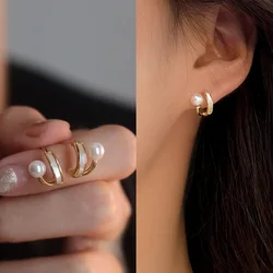 Trendy Pearl U Shape Earrings for Women White Enamel Oil Golden Color Metal Geometric Arc Statement Stud Earrings Jewelry