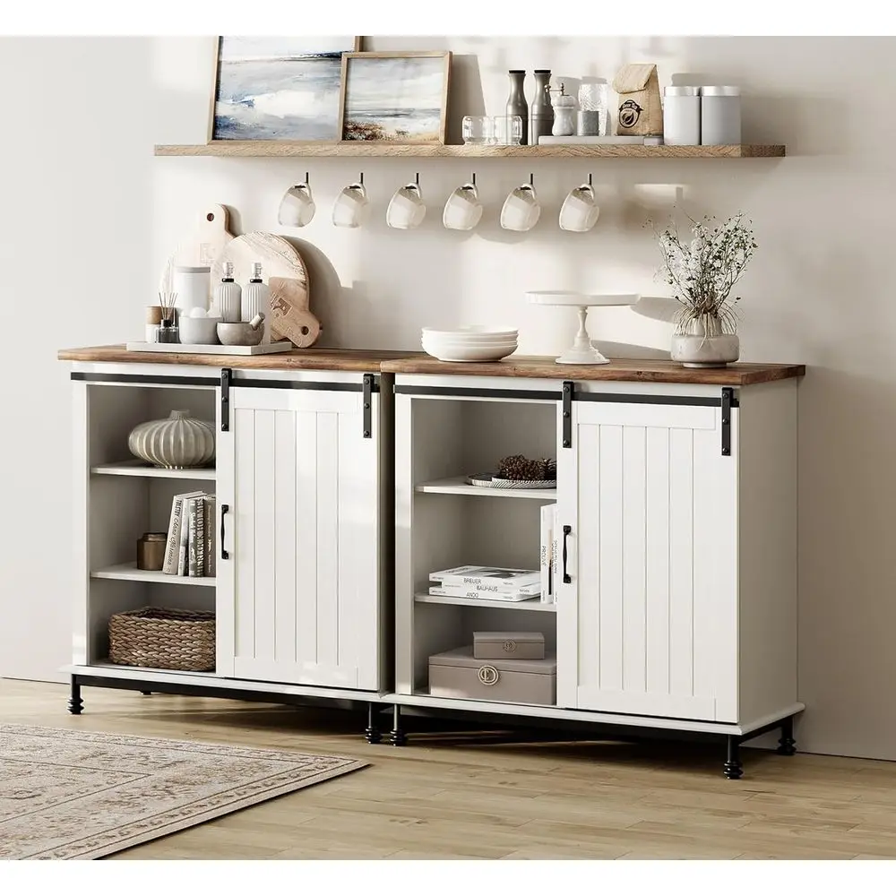 

White 70 Sliding Barn Door Sideboard with Coffee Bar Tables, Accent Storage for Dining, Living Room, and Entryway