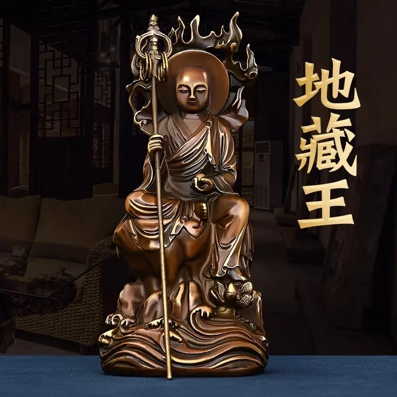Petite Bronze Kṣitigarbha for Serene Desk - Flaming Halo Buddha Figurine, Purifies Space & Aids Contemplation, Compact Zen Deco