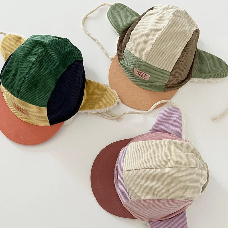 2025 Witer Kids Infant Trapper Hat Patchwork Corduroy Winter Cap with Sherpa Earflaps Vintage Warm Ski Hat for Toddlers